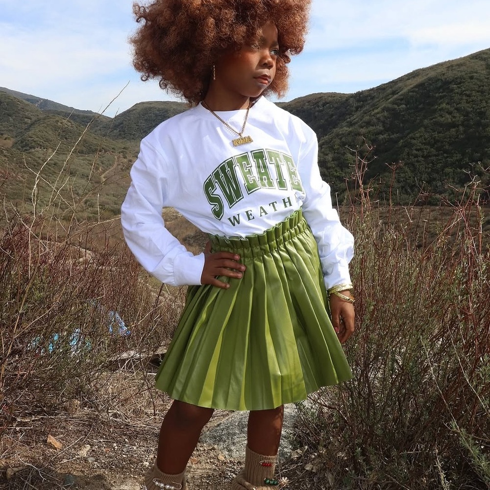 Green Pleated Skirt with White LS Top